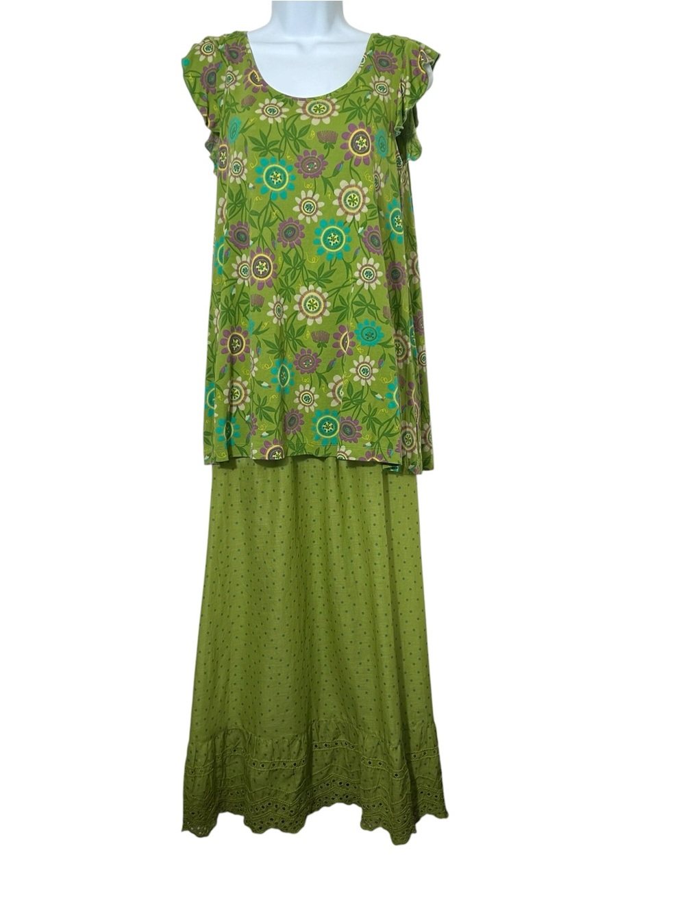 Gudrun Sjoden‎ Top Skirt Set Small Eyelet Petticoat Maxi Cap Ruffle Sleeves Boho